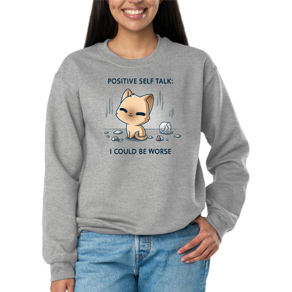 Crew Neck Sweatshirt_TeeTurtle light gray I Could Be Worse Crew Neck Sweatshirt featuring a content orange cat sitting beside a shattered vase with the text "Positive Self Talk: I Could Be Worse."