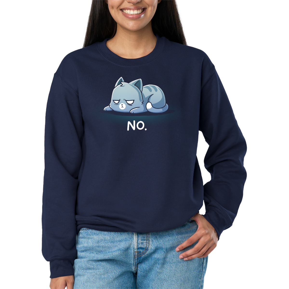Crew Neck Sweatshirt_TeeTurtle navy No. (Cat) Crew Neck Sweatshirt featuring an unimpressed blue-gray tabby cat lying flat with a grumpy expression and the text "No."