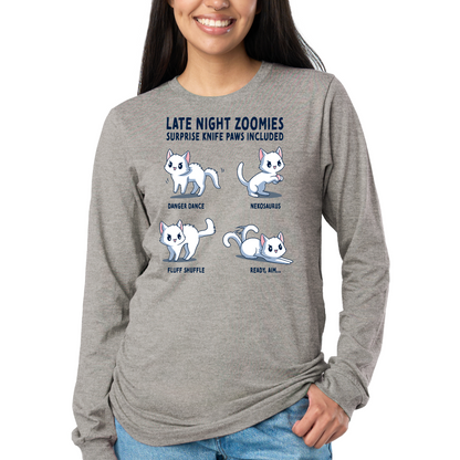 Long Sleeve T-shirt_TeeTurtle light gray Late Night Zoomies Long Sleeve T-shirt featuring four energetic white cats in different playful poses with the text "Late Night Zoomies, Surprise Knife Paws Included" and labels "Danger Dance," "Nekosaurus," "Fluff Shuffle," and "Ready, Aim..."