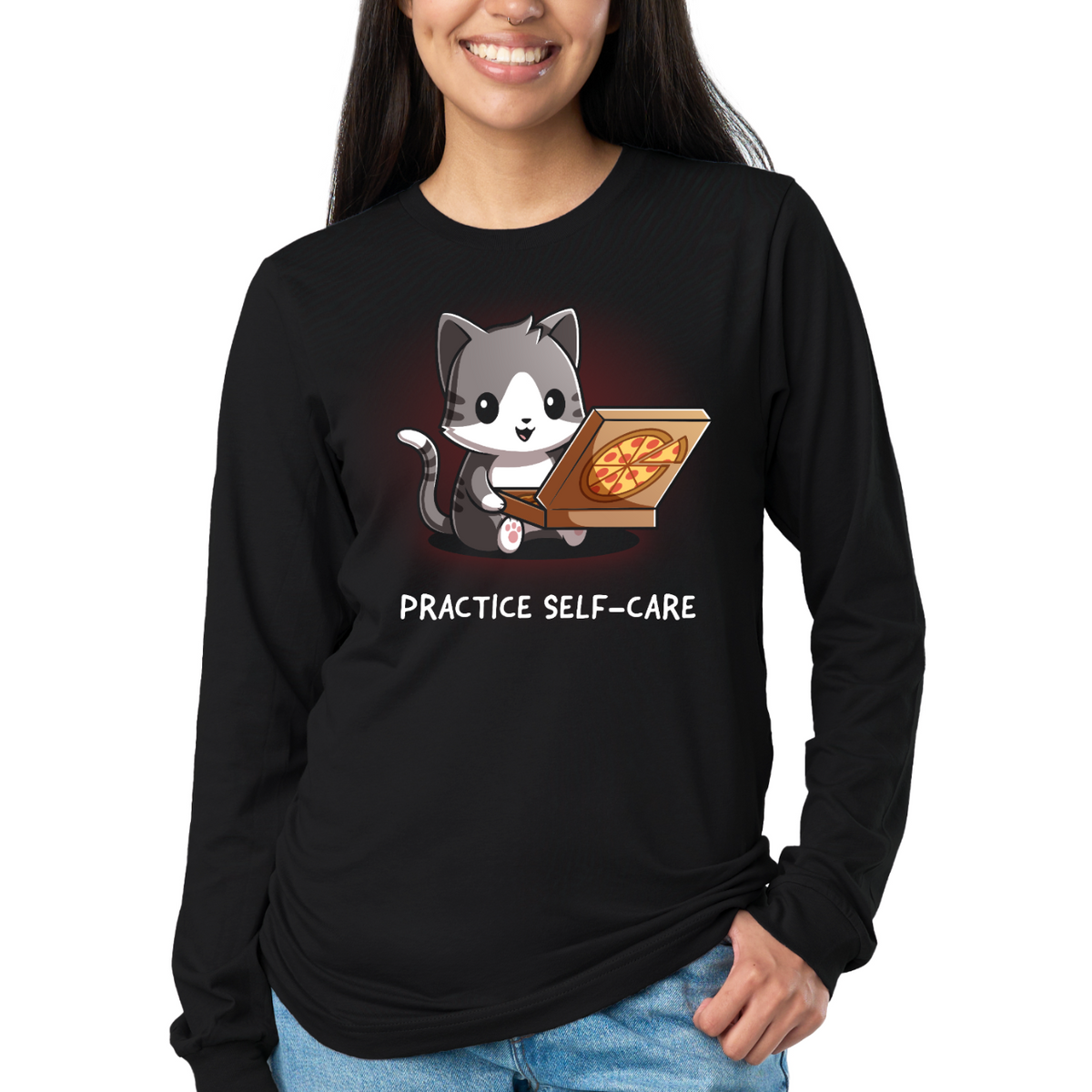 Long Sleeve T-shirt_TeeTurtle black Practice Self-Care Long Sleeve T-shirt featuring a happy gray-and-white cat holding an open pizza box with a pepperoni pizza and the text "Practice Self-Care."