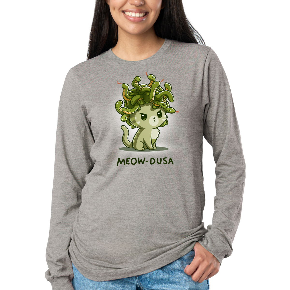 Long Sleeve T-shirt_TeeTurtle heather gray Meow-dusa apparel featuring a grumpy green cat with a nest of snakes coiled on its head, and the caption, "Meow-dusa".