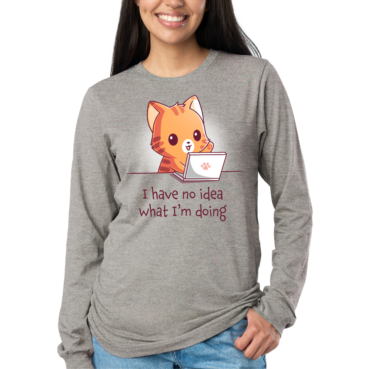 Long Sleeve T-shirt_TeeTurtle light gray I Have No Idea What I'm Doing (Cat) Long Sleeve T-shirt featuring a cheerful orange tabby cat sitting behind a laptop with one paw raised and the text "I have no idea what I'm doing."