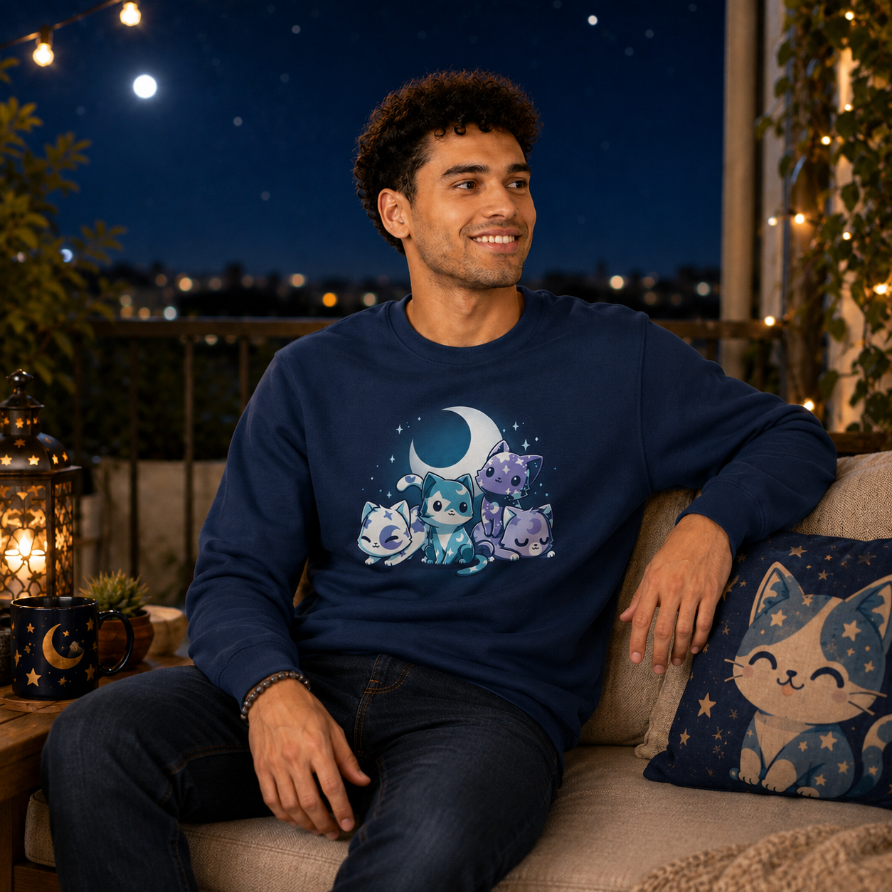Crew Neck Sweatshirt_TeeTurtle navy blue Moon & Star Meows. Featuring blue and purple kittens with moon and star patterns on their fur.