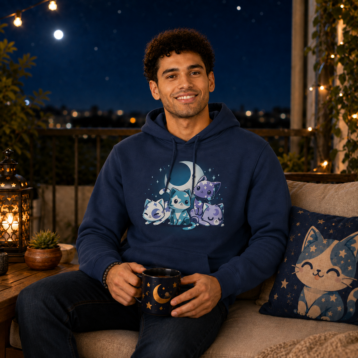 Pullover Hoodie_TeeTurtle navy blue Moon & Star Meows. Featuring blue and purple kittens with moon and star patterns on their fur.
