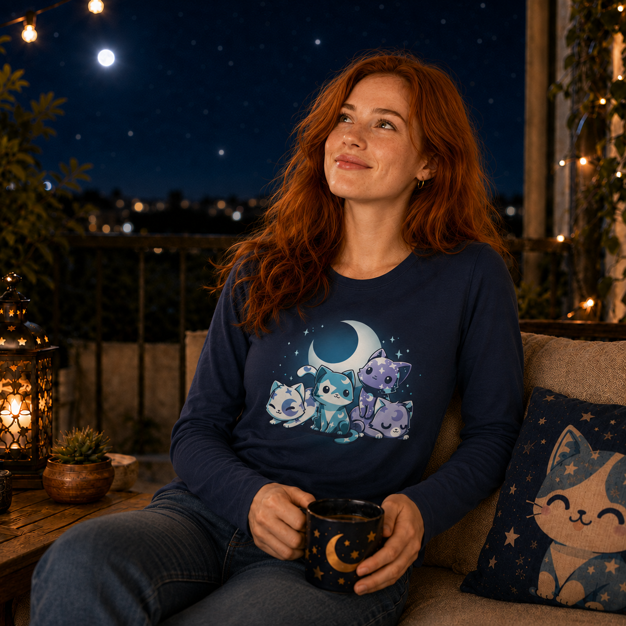 Long Sleeve T-shirt_TeeTurtle navy blue Moon & Star Meows. Featuring blue and purple kittens with moon and star patterns on their fur.