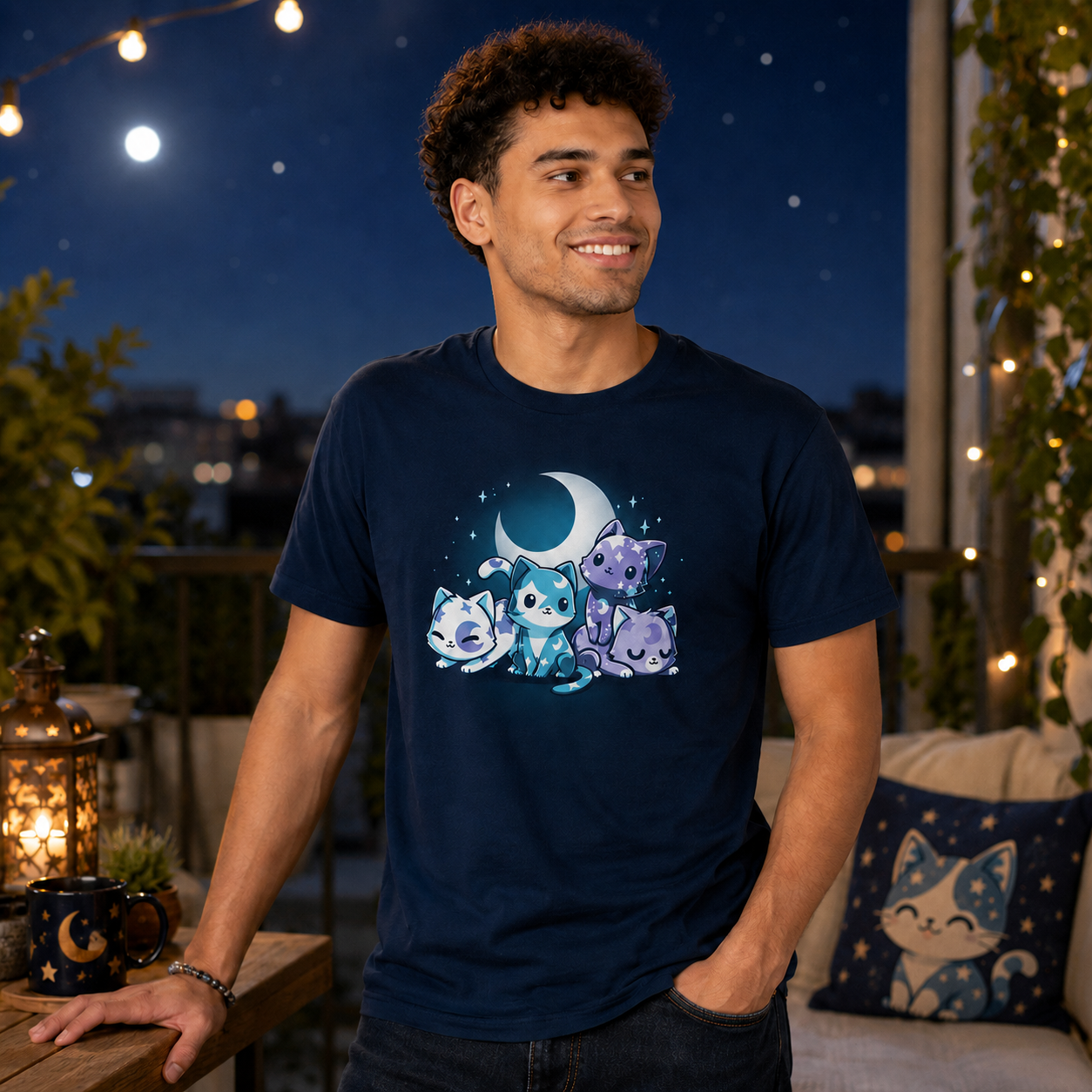 Premium Cotton T-shirt_TeeTurtle navy blue Moon & Star Meows. Featuring blue and purple kittens with moon and star patterns on their fur.