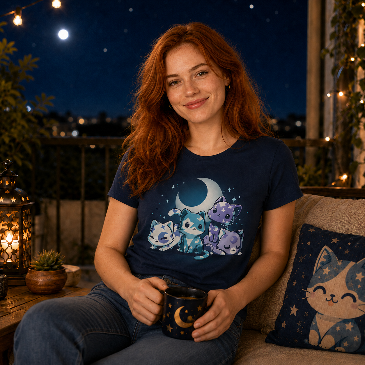 Premium Cotton T-shirt_TeeTurtle navy blue Moon & Star Meows. Featuring blue and purple kittens with moon and star patterns on their fur.