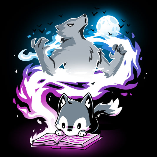 A wolf and a cat escaping into imagination while reading a TeeTurtle's Moonlight Tale.