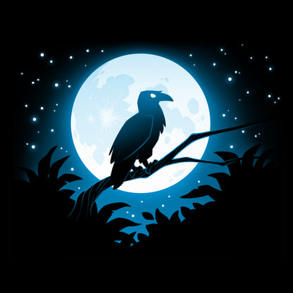 A TeeTurtle Moonlit Raven perched on a branch in the black night sky.
