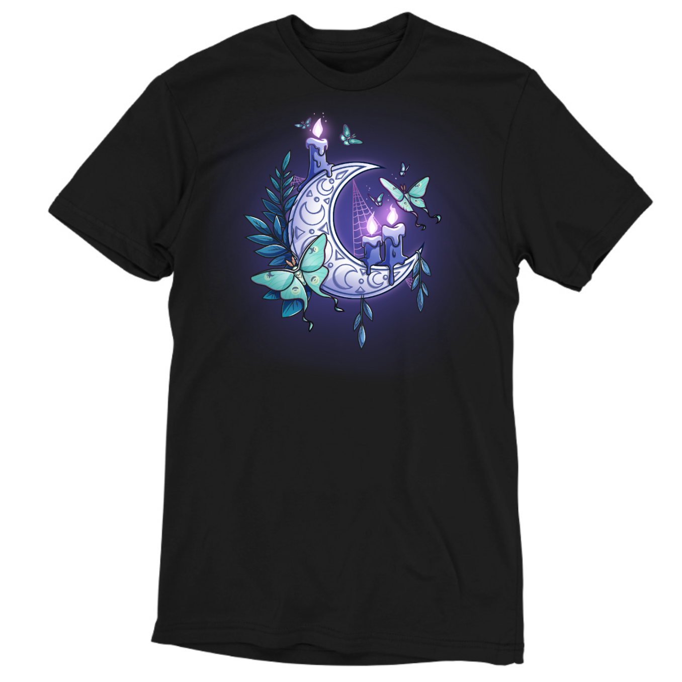 Premium Cotton T-shirt_TeeTurtle black Moonlit Luna Premium Cotton T-shirt featuring a glowing purple crescent moon adorned with candles, a luna moth, and delicate fern leaves in a mystical nighttime design.