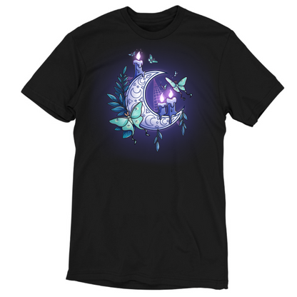 Premium Cotton T-shirt_TeeTurtle black Moonlit Luna Premium Cotton T-shirt featuring a glowing purple crescent moon adorned with candles, a luna moth, and delicate fern leaves in a mystical nighttime design.