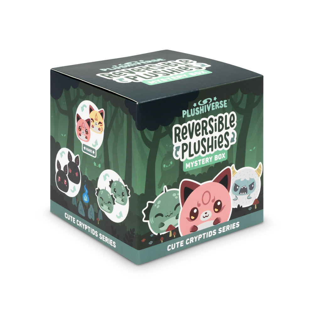 A box labeled "Plushiverse Myths and Cryptids Reversible Plushie Mystery Box" from the TeeTurtle collection featuring colorful cartoon illustrations of mythical creatures.