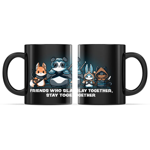 Ceramic Mug_TeeTurtle Friends Who Slay Together, Stay Together black mug featuring a fox archer, warrior panda, mage bunny, and rogue cat with the caption, "Friends Who Slay Together, Stay Together".