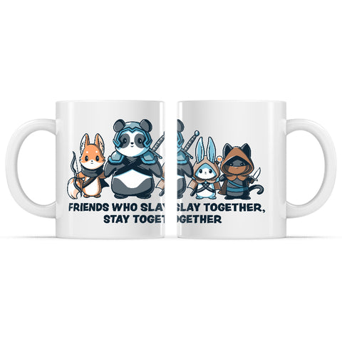 Ceramic Mug_TeeTurtle Friends Who Slay Together, Stay Together white mug featuring a fox archer, warrior panda, mage bunny, and rogue cat with the caption, "Friends Who Slay Together, Stay Together".