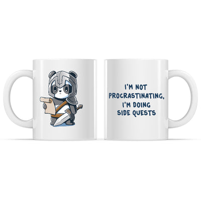 Ceramic Mug_TeeTurtle I'm Doing Side Quests white mug featuring a warrior panda holding a piece of parchment with the caption, "I'm Not Procrastinating, I'm Doing Side Quests".