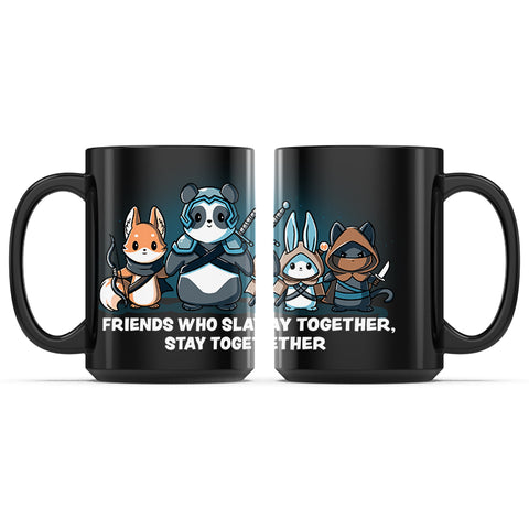 Ceramic Mug_TeeTurtle Friends Who Slay Together, Stay Together black mug featuring a fox archer, warrior panda, mage bunny, and rogue cat with the caption, "Friends Who Slay Together, Stay Together".