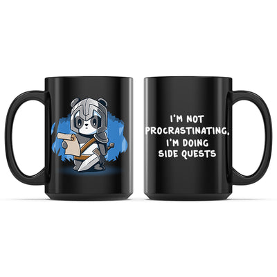 Ceramic Mug_TeeTurtle I'm Doing Side Quests black mug featuring a warrior panda holding a piece of parchment with the caption, "I'm Not Procrastinating, I'm Doing Side Quests".