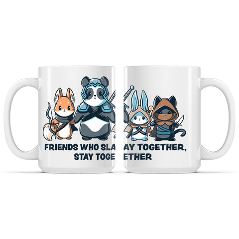 Ceramic Mug_TeeTurtle Friends Who Slay Together, Stay Together white mug featuring a fox archer, warrior panda, mage bunny, and rogue cat with the caption, "Friends Who Slay Together, Stay Together".