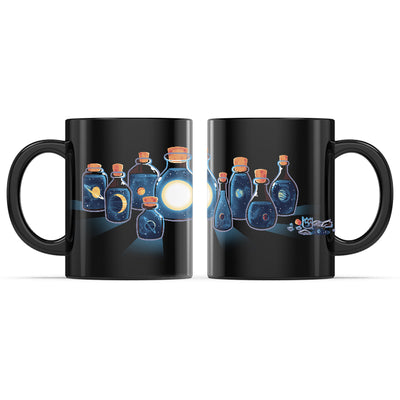 Ceramic Mug_TeeTurtle Bottled Solar System black mug featuring the solar system in various potion bottles.