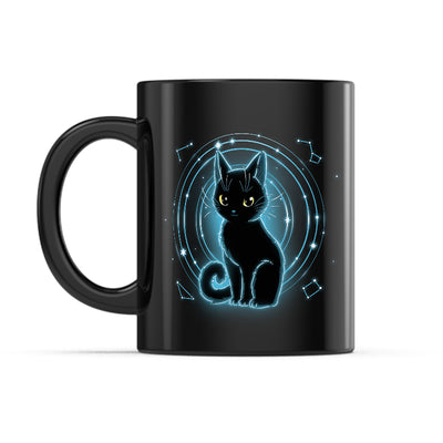 Ceramic Mug_TeeTurtle Celestial Cat black mug featuring a black cat surrounded by celestial symbols.