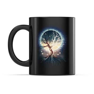 Ceramic Mug_TeeTurtle Celestial Tree black mug featuring a tree framing the full moon with its branches.
