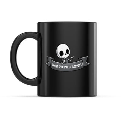 Ceramic Mug_TeeTurtle Dad to the Bone black mug featuring a skeleton making finger guns.