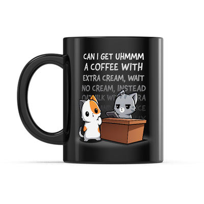 Ceramic Mug_TeeTurtle Eternal Coffee Order black mug featuring a cat making an eternally long coffee order to a barista.