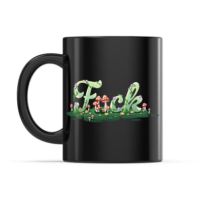 Ceramic Mug_TeeTurtle Floral F*ck black mug featuring plants and mushrooms spelling out, "fuck" with mushrooms in place of the letter U.