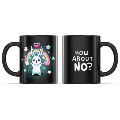 Ceramic Mug_TeeTurtle How About No? black mug featuring a bunny with its paws in the air surrounded by rainbows, hearts, and stars.