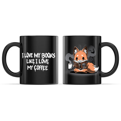 Ceramic Mug_TeeTurtle I Love My Books Like I Love My Coffee black mug featuring a fox holding a cup of coffee while reading a book with a skull on it.