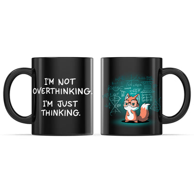 Ceramic Mug_TeeTurtle I'm Just Thinking black mug featuring a thinking fox wearing glasses surrounded by mathematical equations.