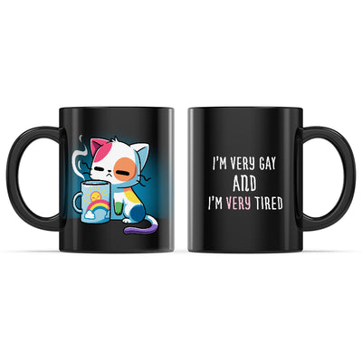 Ceramic Mug_TeeTurtle I’m Very Gay and Very Tired black mug featuring a tired rainbow cat draped over a coffee mug.