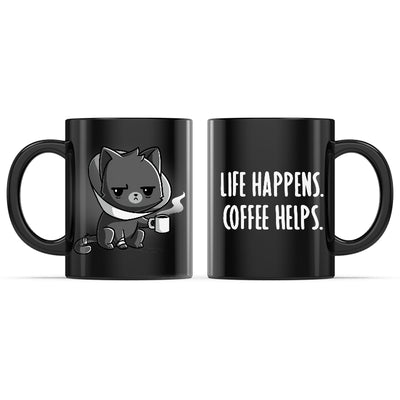 Ceramic Mug_TeeTurtle Life Happens. Coffee Helps. black mug featuring a grumpy cat wearing a cone holding a cup of coffee.