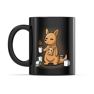 Ceramic Mug_Mom’s Morning Coffee black mug featuring a mother kangaroo holding a cup of coffee.