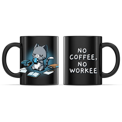 Ceramic Mug_TeeTurtle No Coffee, No Workee black mug featuring a cat drinking coffee surrounded by papers and books.