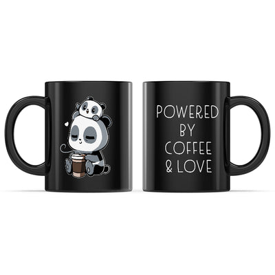 Ceramic Mug_TeeTurtle Powered by Coffee & Love black mug featuring a parent panda holding a cup of coffee and baby panda on its parent's head.