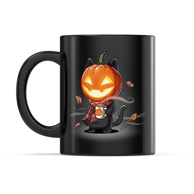 Ceramic Mug_TeeTurtle Ready for Fall black mug featuring a black cat wearing a pumpkin holding a cup of coffee.