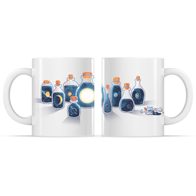 Ceramic Mug_TeeTurtle Bottled Solar System white mug featuring the solar system in various potion bottles.