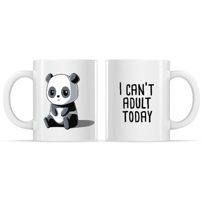 Ceramic Mug_TeeTurtle Can’t Adult Today white mug featuring a panda with a deadpan, tired expression, and the caption, “Can’t Adult Today”.