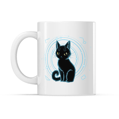 Ceramic Mug_TeeTurtle Celestial Cat white mug featuring a black cat surrounded by celestial symbols.