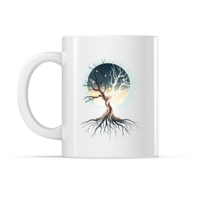 Ceramic Mug_TeeTurtle Celestial Tree white mug featuring a tree framing the full moon with its branches.