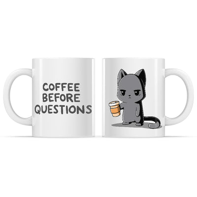Ceramic Mug_TeeTurtle Coffee Before Questions white mug featuring a grumpy cat holding a cup of coffee.