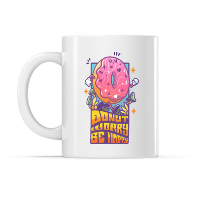 Ceramic Mug_TeeTurtle Donut Worry Be Happy white mug featuring a carefree, walking donut.