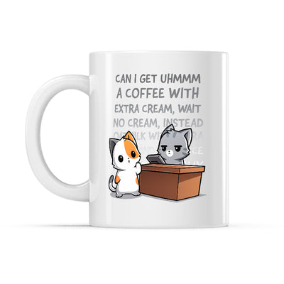 Ceramic Mug_TeeTurtle Eternal Coffee Order white mug featuring a cat making an eternally long coffee order to a barista.