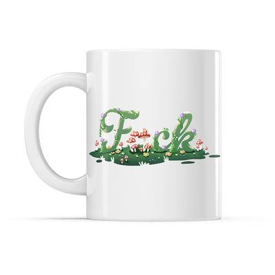 Ceramic Mug_TeeTurtle Floral F*ck white mug featuring plants and mushrooms spelling out, "fuck" with mushrooms in place of the letter U.