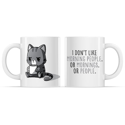 Ceramic Mug_TeeTurtle I Don't Like Morning People. Or Mornings. Or People. white mug featuring a grumpy cat holding a cup of coffee.
