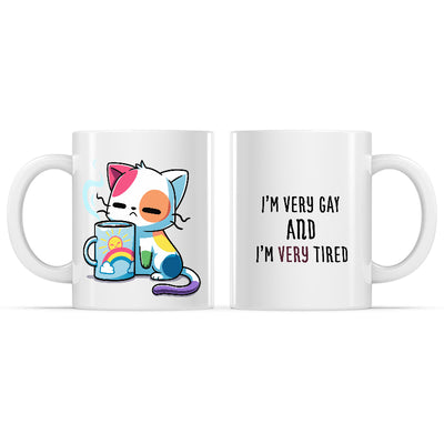 Ceramic Mug_TeeTurtle I’m Very Gay and Very Tired white mug featuring a tired rainbow cat draped over a coffee mug.