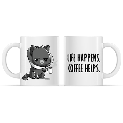 Ceramic Mug_TeeTurtle Life Happens. Coffee Helps. white mug featuring a grumpy cat wearing a cone holding a cup of coffee.