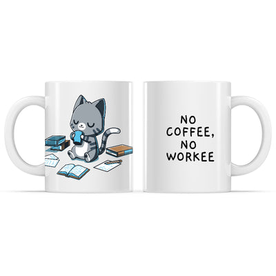 Ceramic Mug_TeeTurtle No Coffee, No Workee white mug featuring a cat drinking coffee surrounded by papers and books.