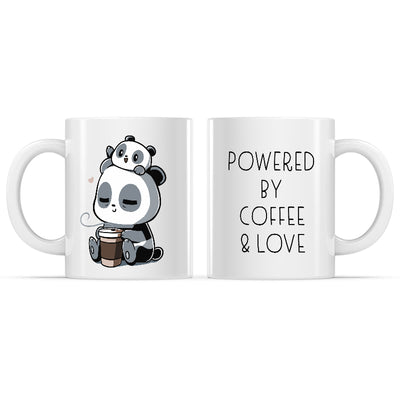 Ceramic Mug_TeeTurtle Powered by Coffee & Love white mug featuring a parent panda holding a cup of coffee and baby panda on its parent's head.